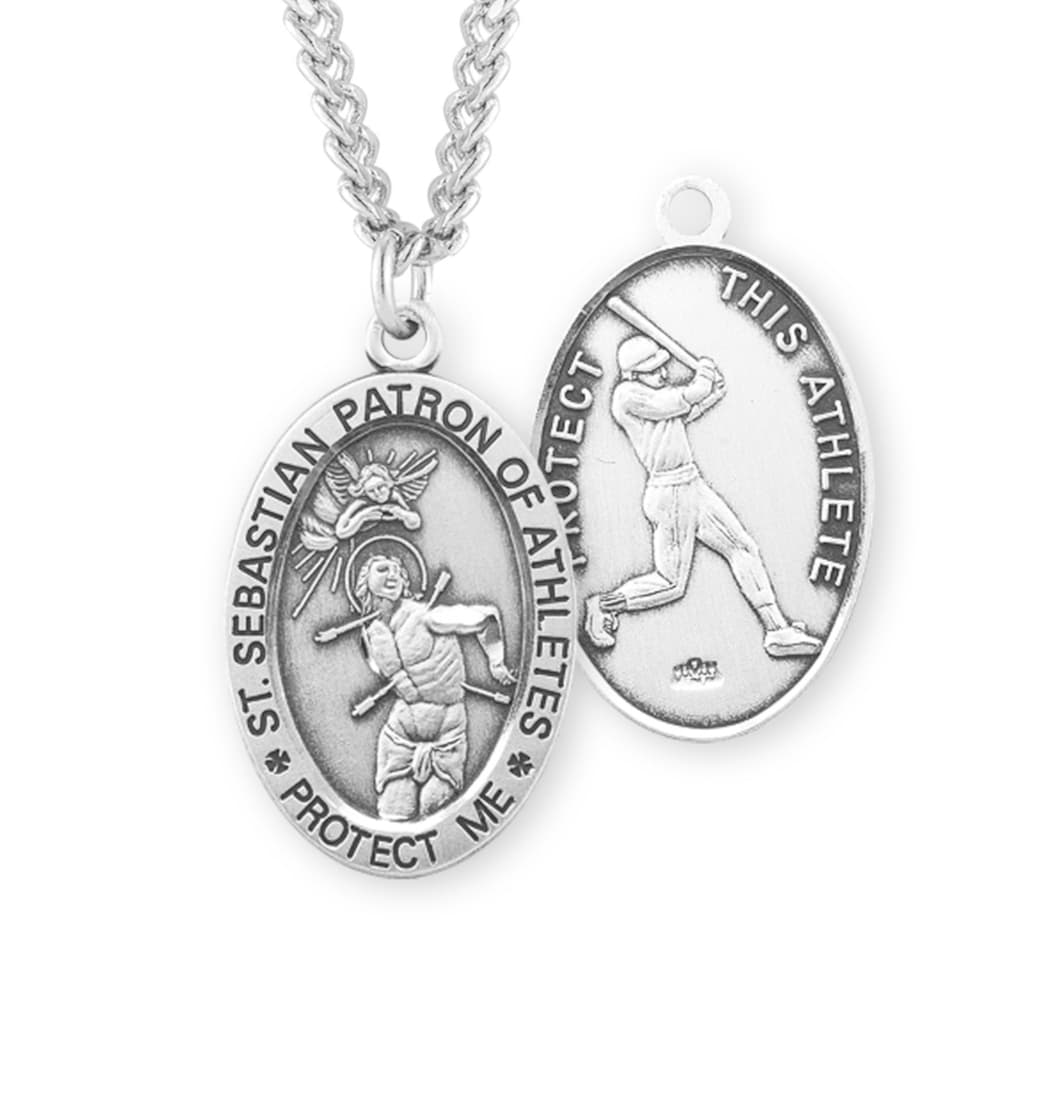 HMH Religious St Sebastian Sterling Silver Baseball Sports Necklace,