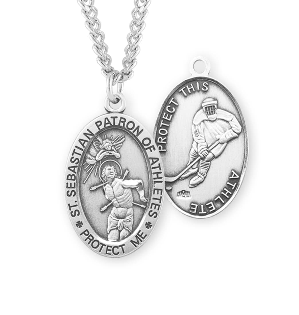 HMH Religious St Sebastian Hockey Player Oval Sterling Silver Sports Necklace,