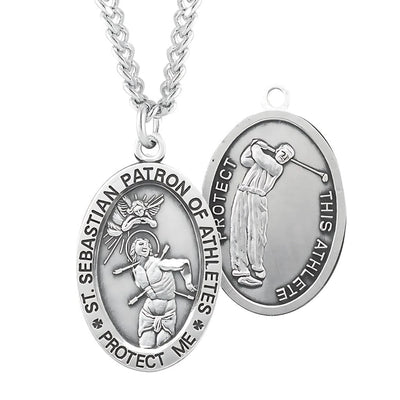 St. Sebastian Oval Sterling Silver Golf Medal Necklace, .925, HMH Religious