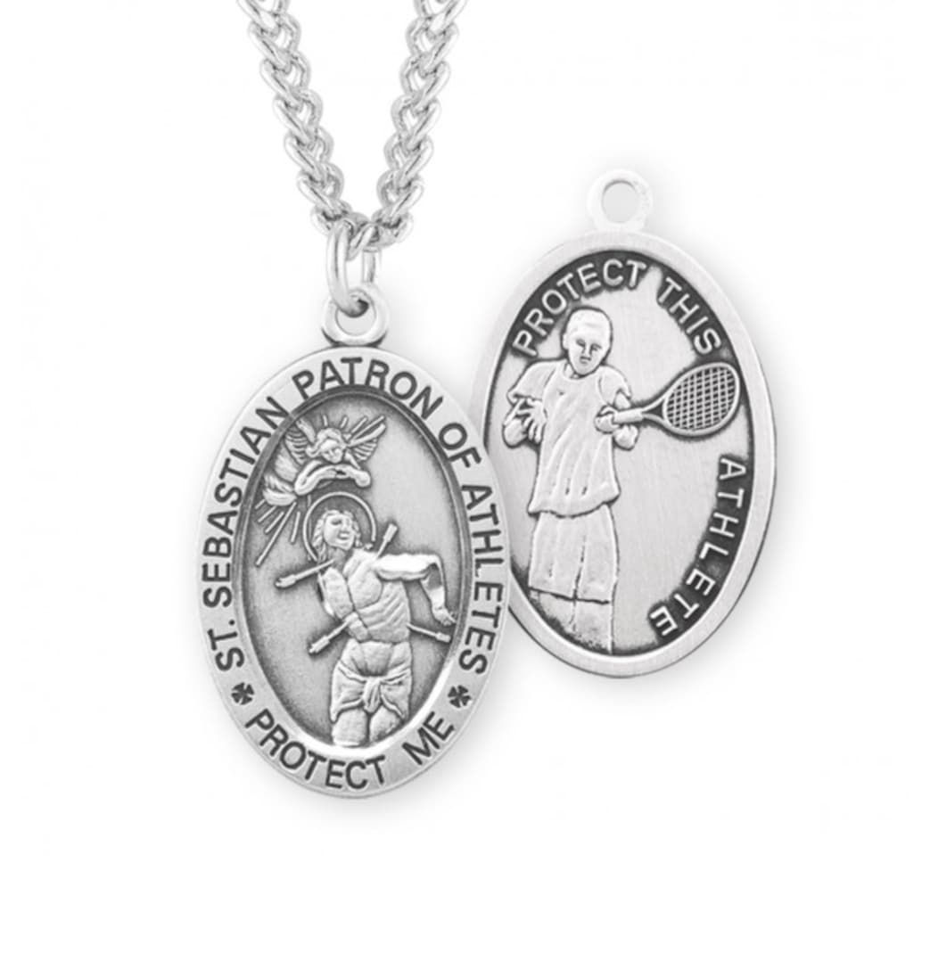 HMH Religious St Sebastian Tennis Oval Sterling Silver Sports Necklace with Chain,