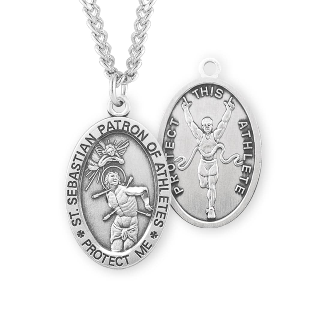 HMH Religious St Sebastian Male Track and Field Oval Sterling Silver Sports Necklace,