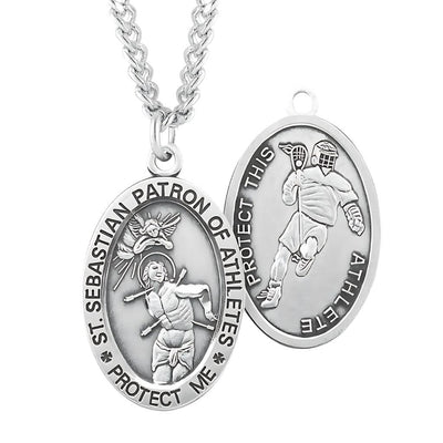 St Sebastian Sterling Silver Lacrosse Medal with Chain, HMH Religious