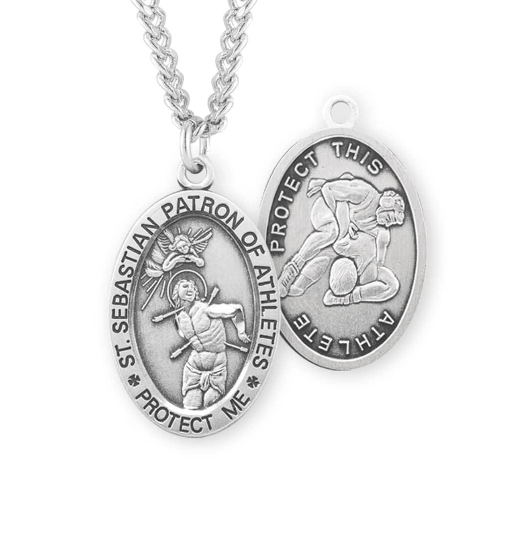 HMH Religious St Sebastian Sterling Silver Wrestling Medal with Chain,