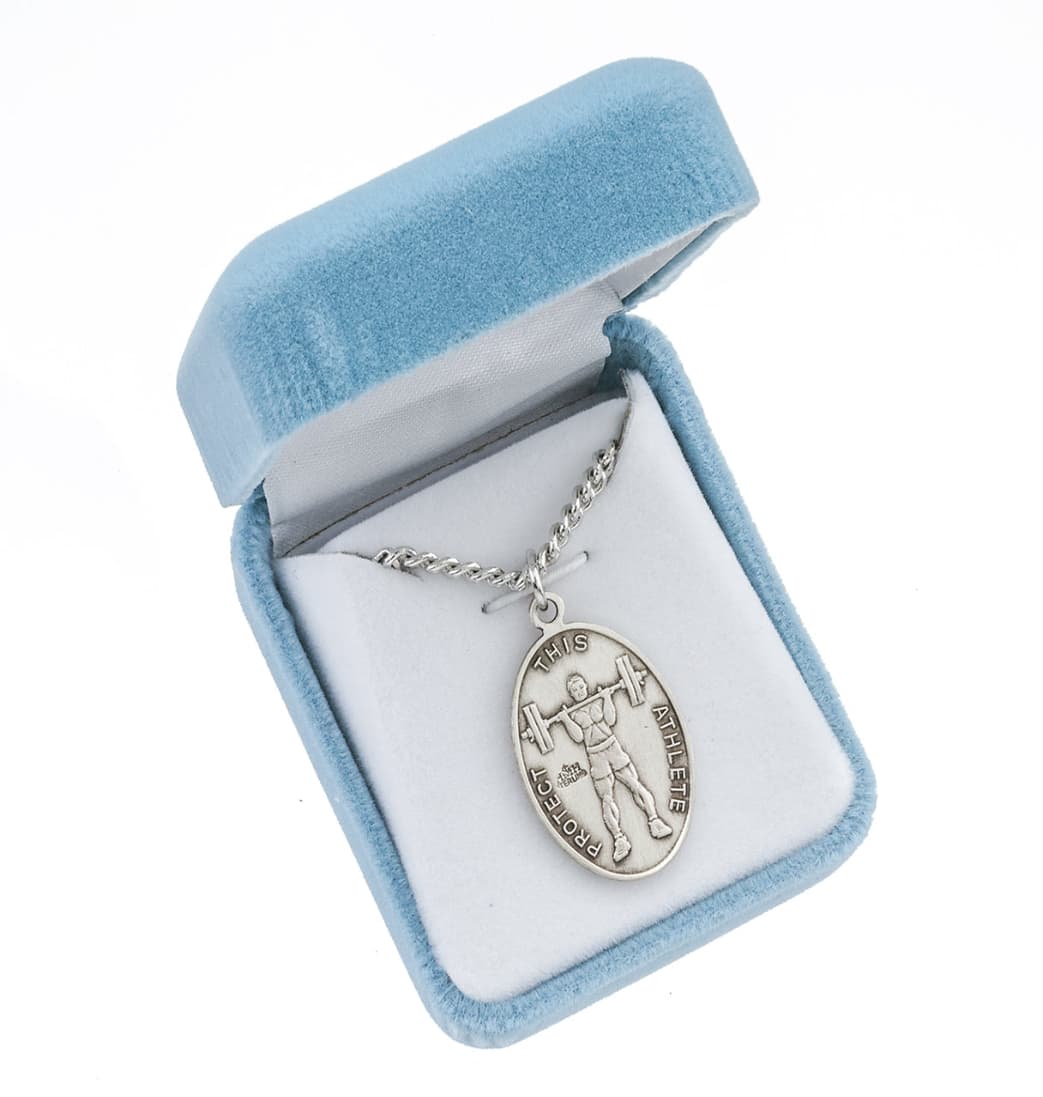 HMH Religious St Sebastian Sterling Silver Weight Lifting Medal in Gift Box,