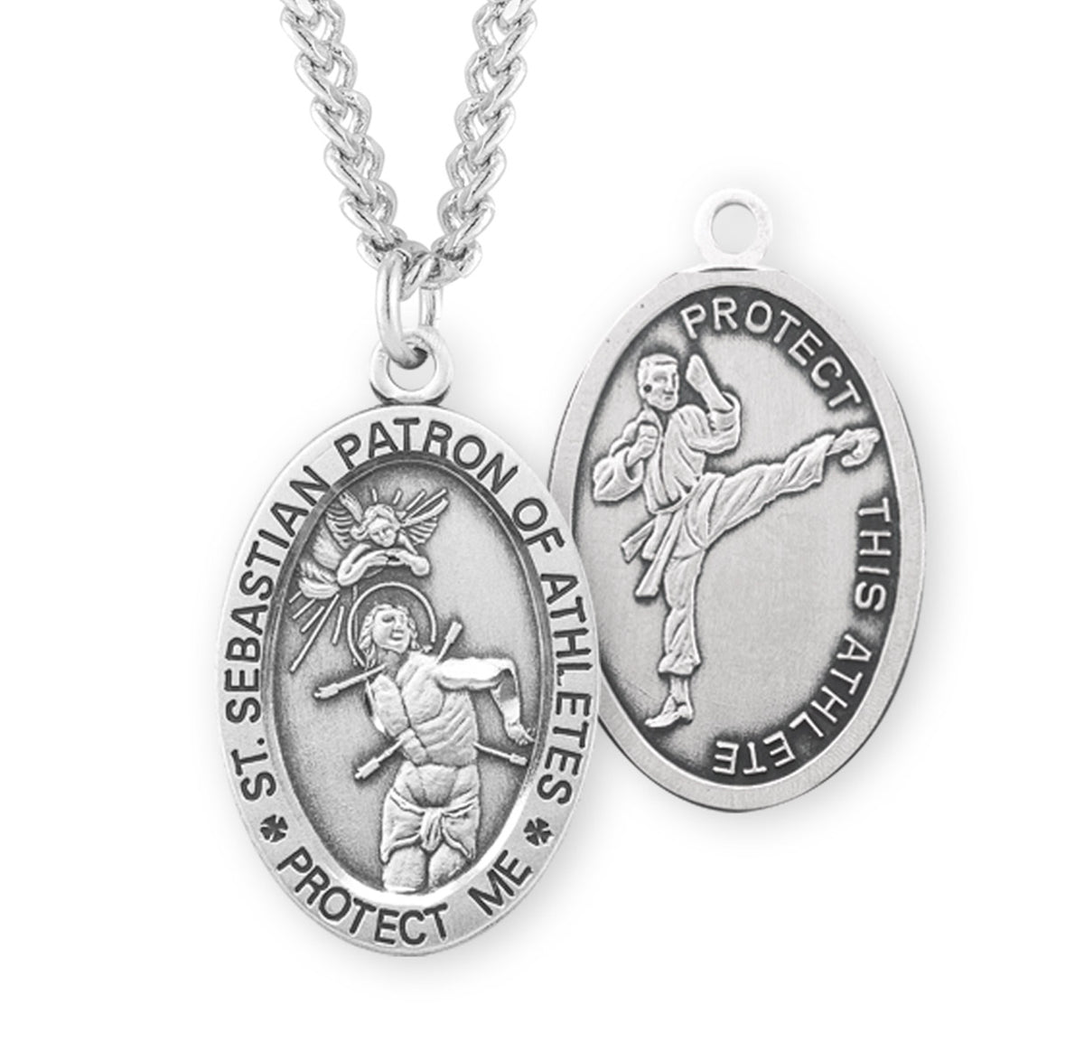 HMH Religious St Sebastian Sterling Silver Male Martial Arts Medal with Chain,