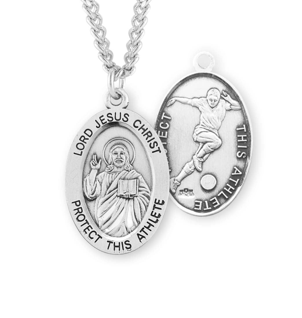 HMH Religious Lord Jesus Christ Sterling Silver Soccer Medal Necklace,