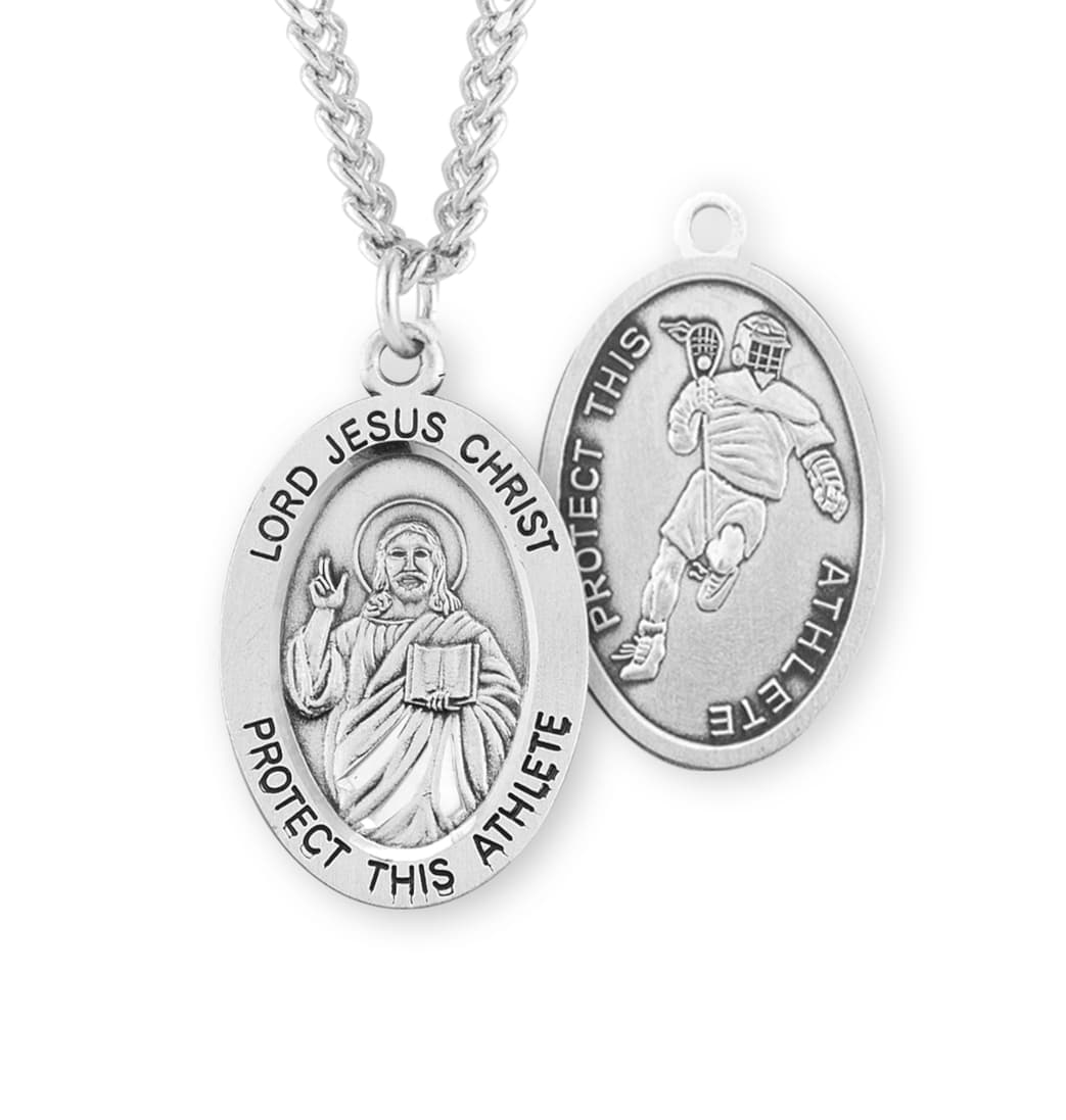 HMH Religious Lord Jesus Christ Sterling Silver Lacrosse Medal Necklace,