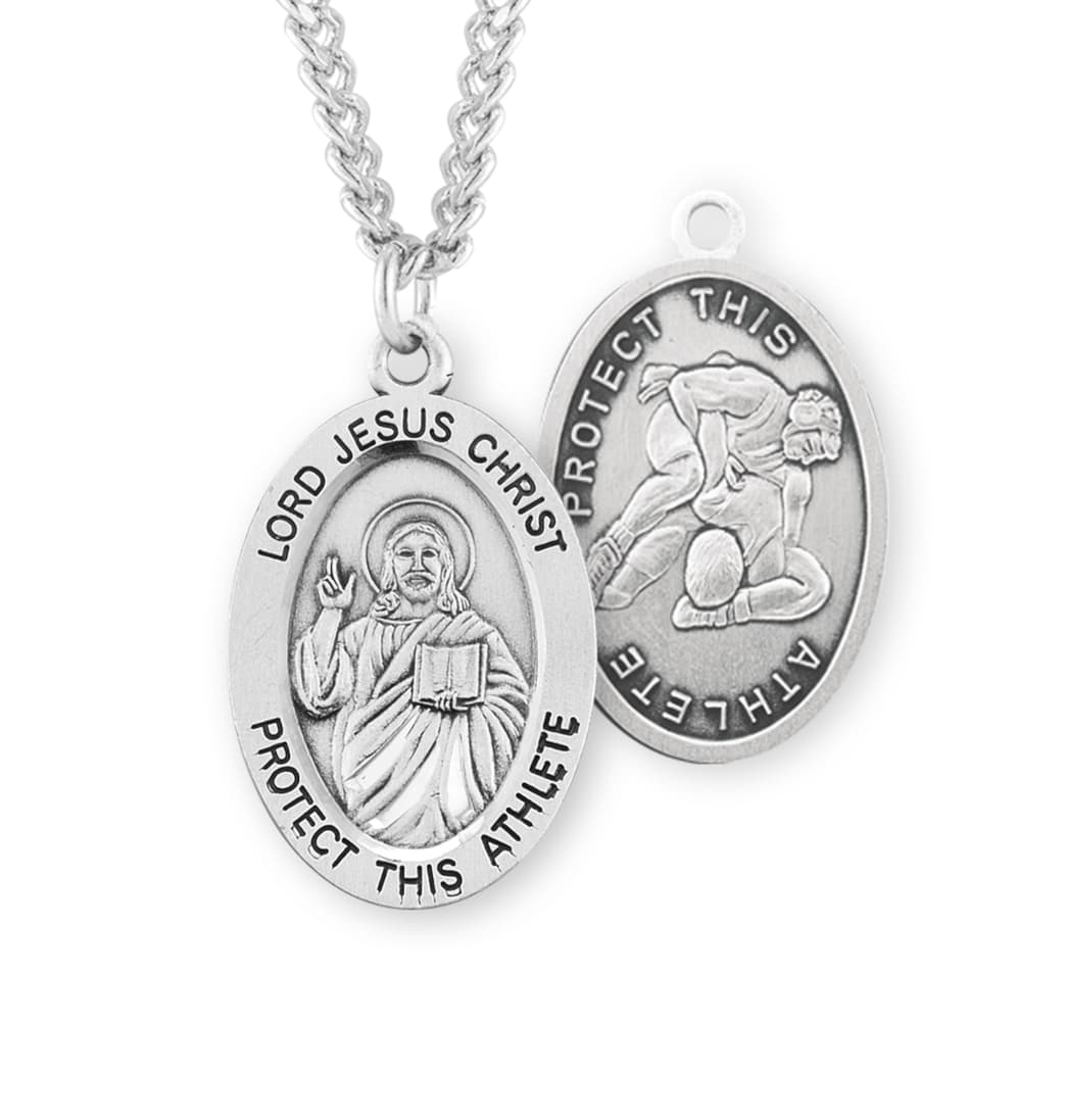 HMH Religious Lord Jesus Christ Sterling Silver Wrestling Medal Necklace,