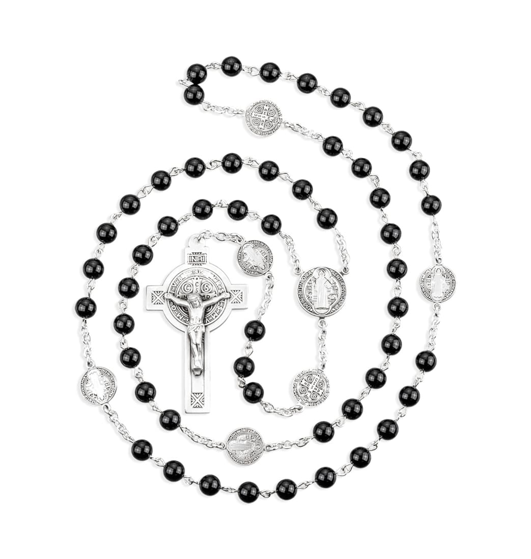 HMH Religious Saint Benedict 6mm Black Onyx Sterling Silver Rosary,