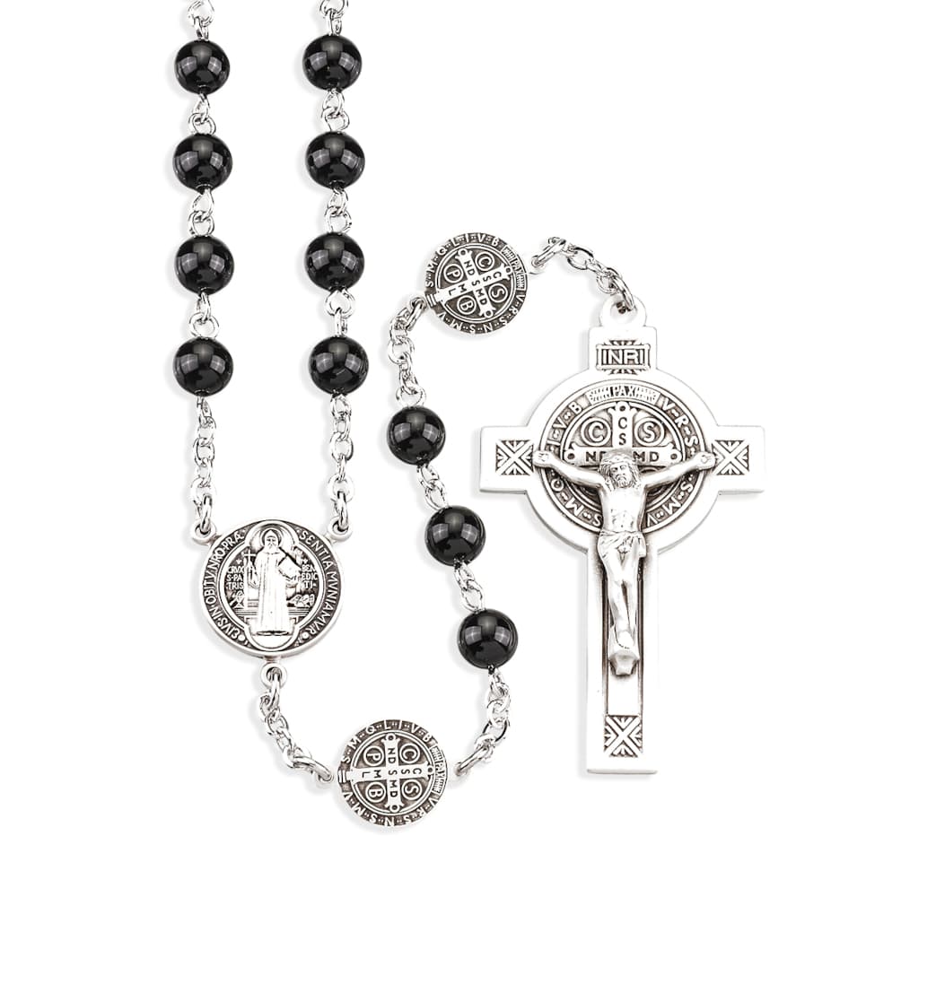 HMH Religious Saint Benedict 6mm Black Onyx Sterling Silver Rosary,