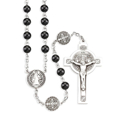 Saint Benedict 6mm Black Onyx Sterling Silver Rosary, HMH Religious
