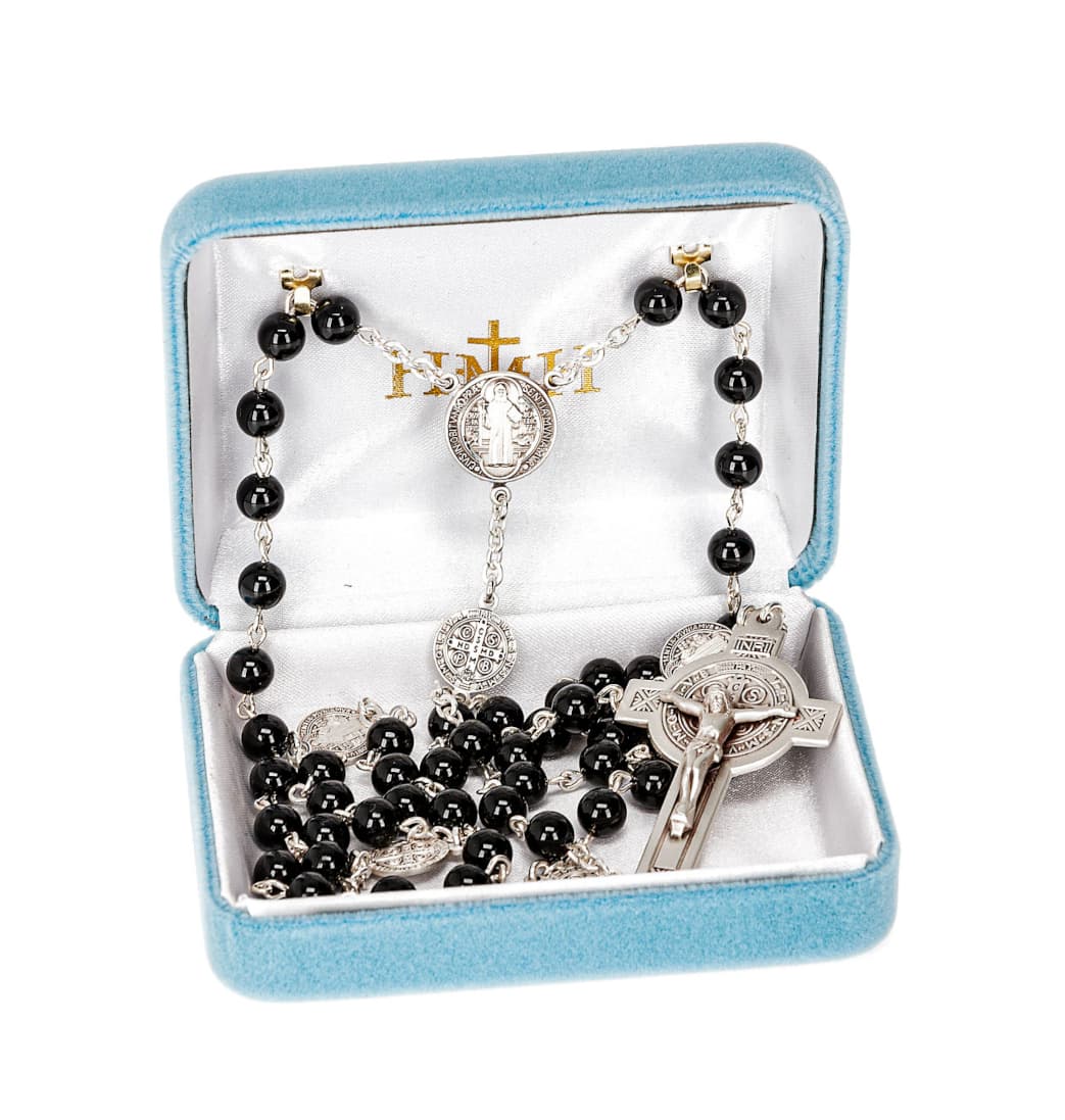 HMH Religious Saint Benedict 6mm Black Onyx Sterling Silver Rosary in Box,