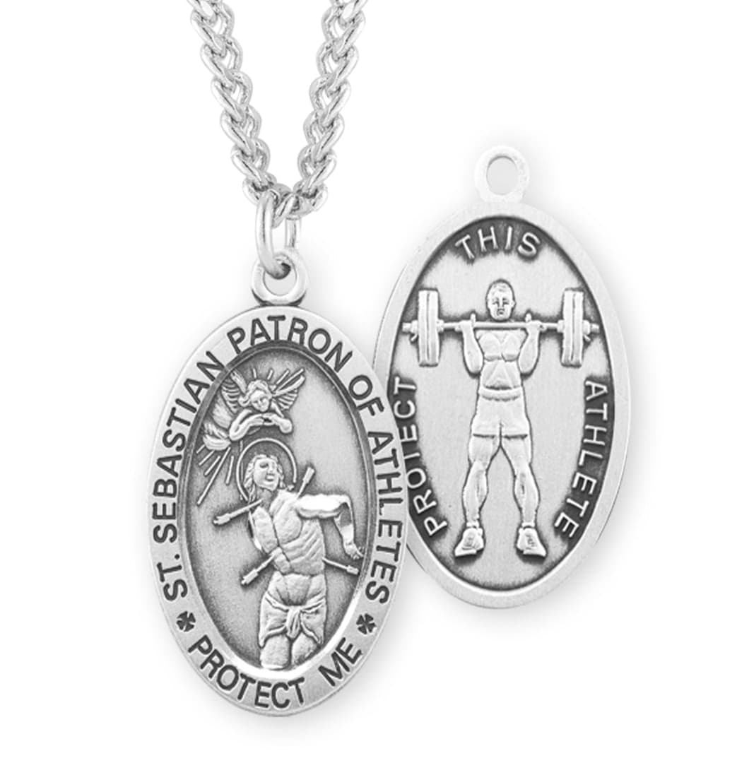 HMH Religious St Sebastian Sterling Silver Weight Lifting Medal with Chain,