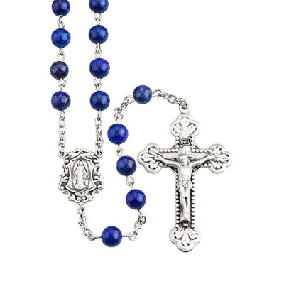 Genuine 6mm Lapis Rosary in Sterling Silver, Measuring 20 inches, HMH Religious