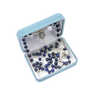 Genuine 6mm Lapis Rosary in Sterling Silver with deluxe gift box, Measuring 20 inches, HMH Religious