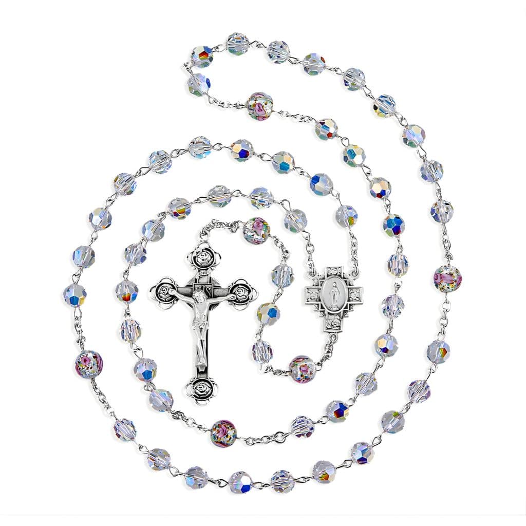 Miraculous Cross Sterling Silver Rosary, made in the USA. Rosebud and crystal beads, HMH Religious