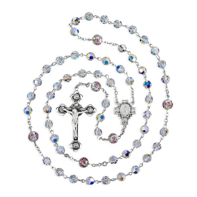 Miraculous Cross Sterling Silver Rosary, made in the USA. Rosebud and crystal beads, HMH Religious