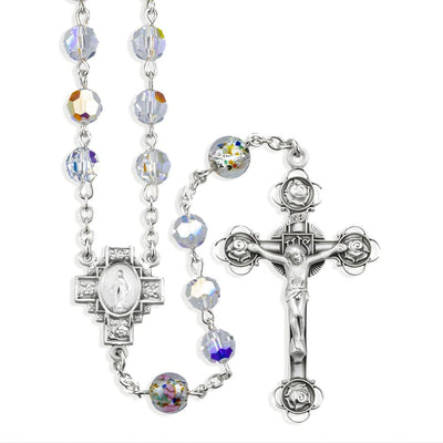 Miraculous Cross Sterling Silver Rosary, made in the USA. Rosebud glass and crystal beads, HMH Religious
