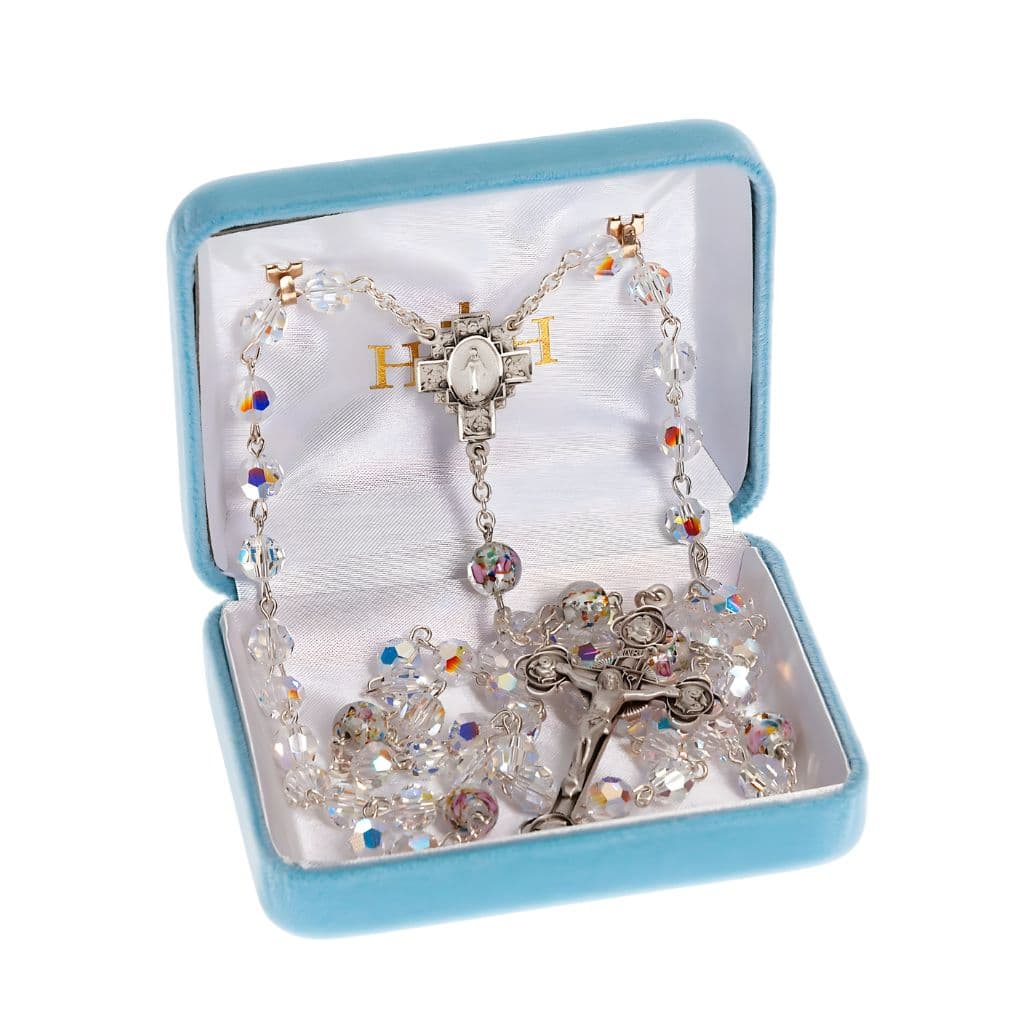 Miraculous Cross Sterling Silver Rosary, made in the USA. Rosebud glass and crystal beads in deluxe box, HMH Religious