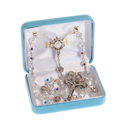 Miraculous Cross Sterling Silver Rosary, made in the USA. Rosebud glass and crystal beads in deluxe box, HMH Religious