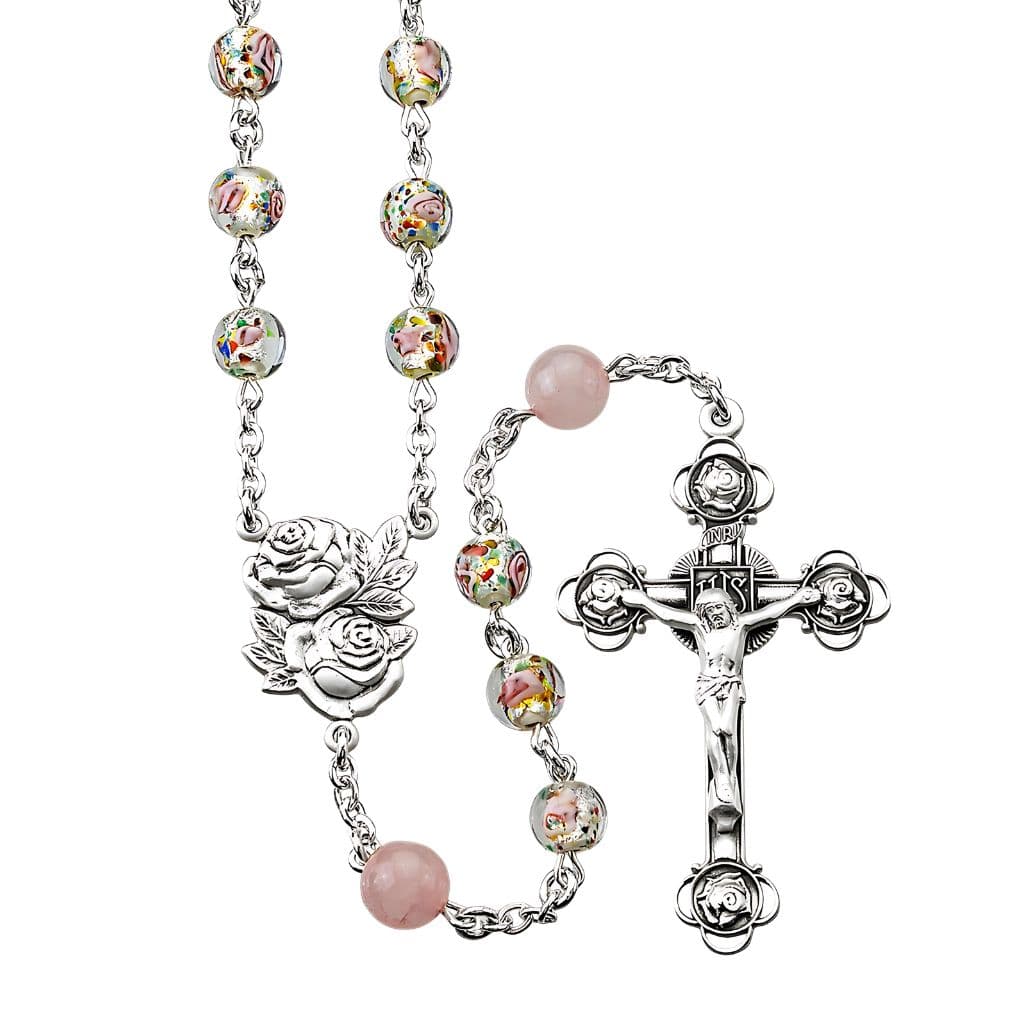 HMH Religious Rosebud Miraculous Medal with 7mm Rose Embedded Glass and Rose Quartz Sterling Silver Rosary