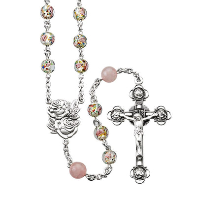 Rosebud Miraculous Medal with 7mm Rose Embedded Glass and Rose Quartz Sterling Silver Rosary, HMH Religious