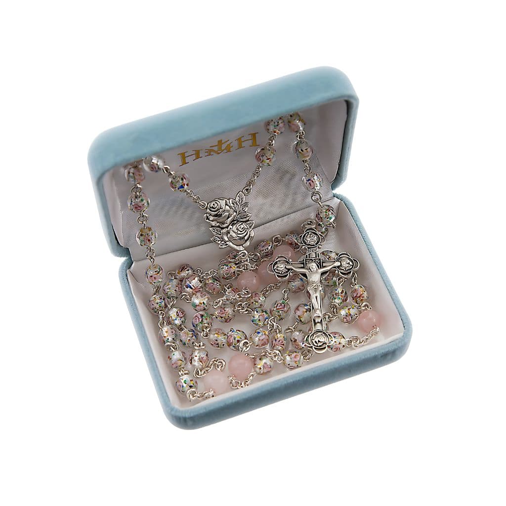 HMH Religious Rosebud Miraculous Medal with 7mm Rose Embedded Glass and Rose Quartz Sterling Silver Rosary in deluxe gift box