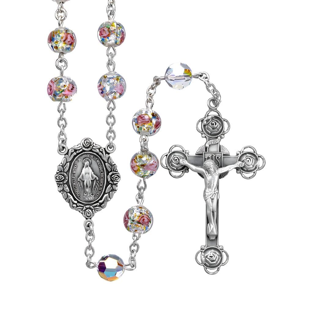 HMH Rosebud Miraculous Rosary featuring 8mm rose-embedded glass beads accented by Aurora Borealis crystal Our Father beads,