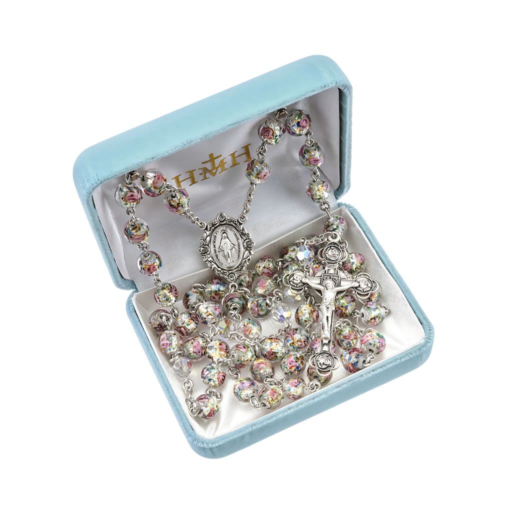 HMH Rosebud Miraculous Rosary featuring 8mm rose-embedded glass beads accented by Aurora Borealis crystal Our Father beads in gift box
