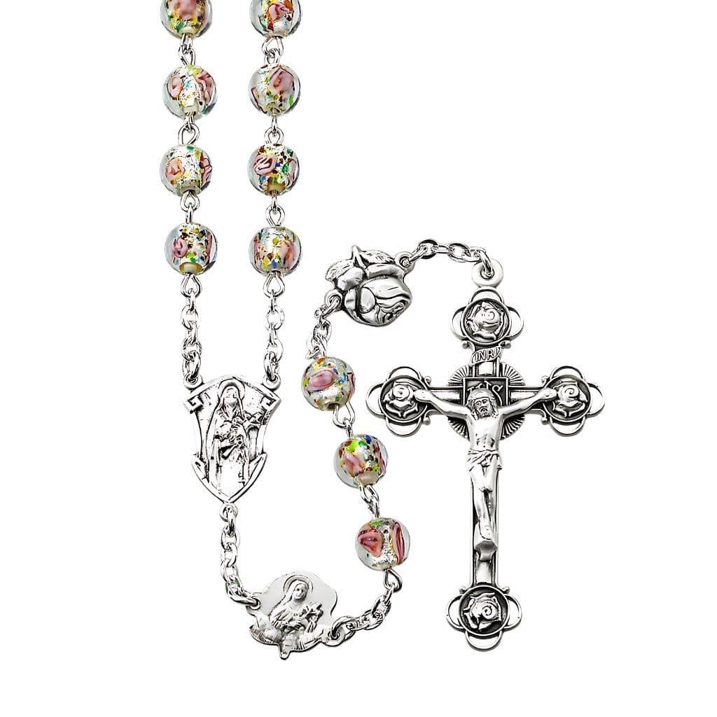 HMH Religious St. Therese Rosary with 7mm rose embedded glass beads with sterling silver St. Therese Rose Our Father beads