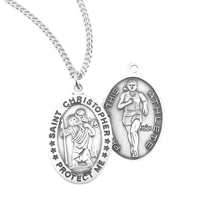 St. Christopher Girl's track Round Sterling Silver Medal Necklace with Chain, HMH Religious