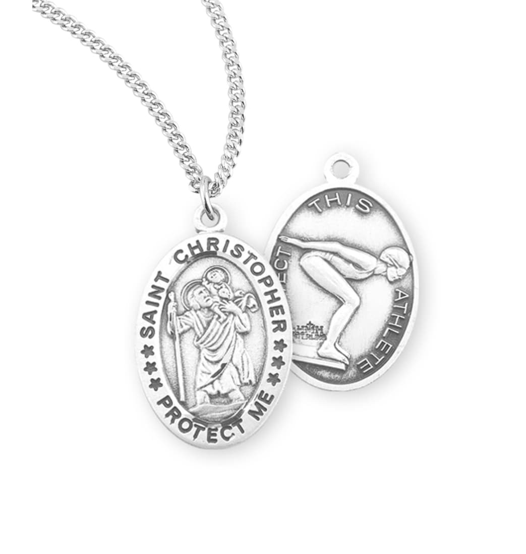 HMH Religious St Christopher Sterling Female Swimming Medal with Chain,