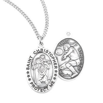 St. Christopher Girl's Volleyball Round Sterling Silver Medal Necklace with Chain, HMH Religious