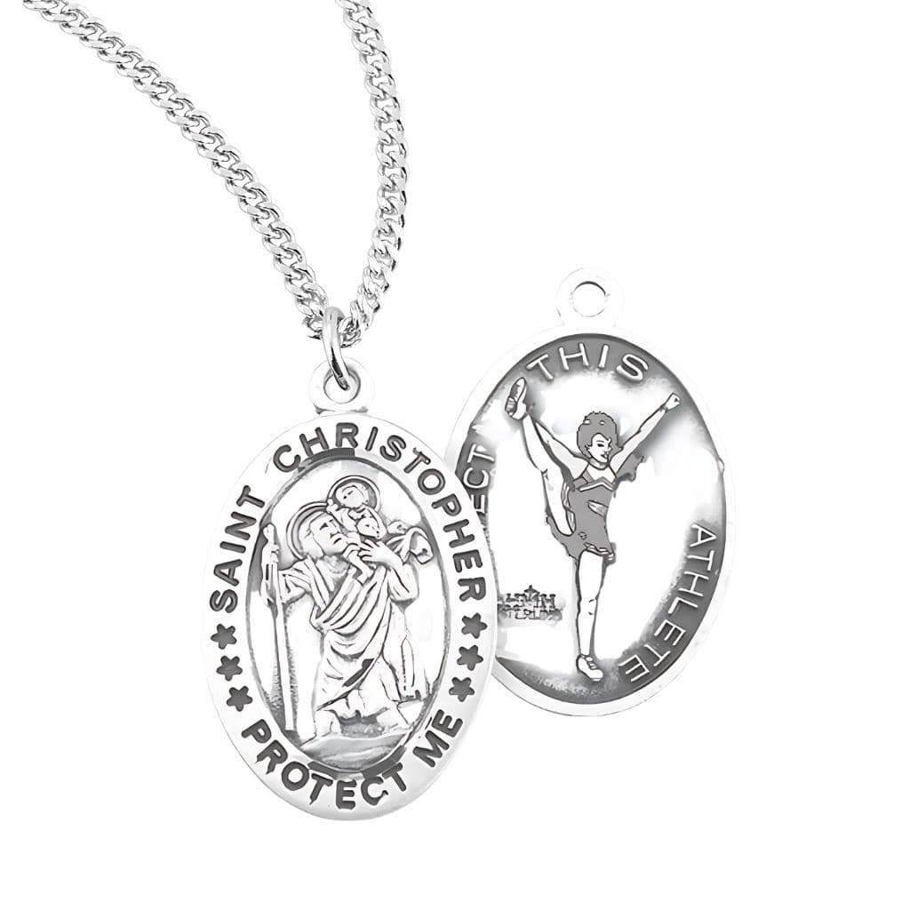 St. Christopher Girl's Cheerleading Round Sterling Silver Medal Necklace with Chain, Made in USA by HMH Religious,
