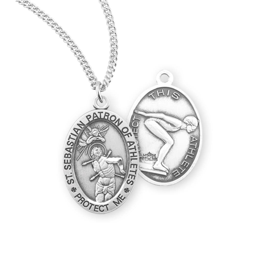 HMH Religious St Sebastian Sterling Female Swimming Medal Necklace,