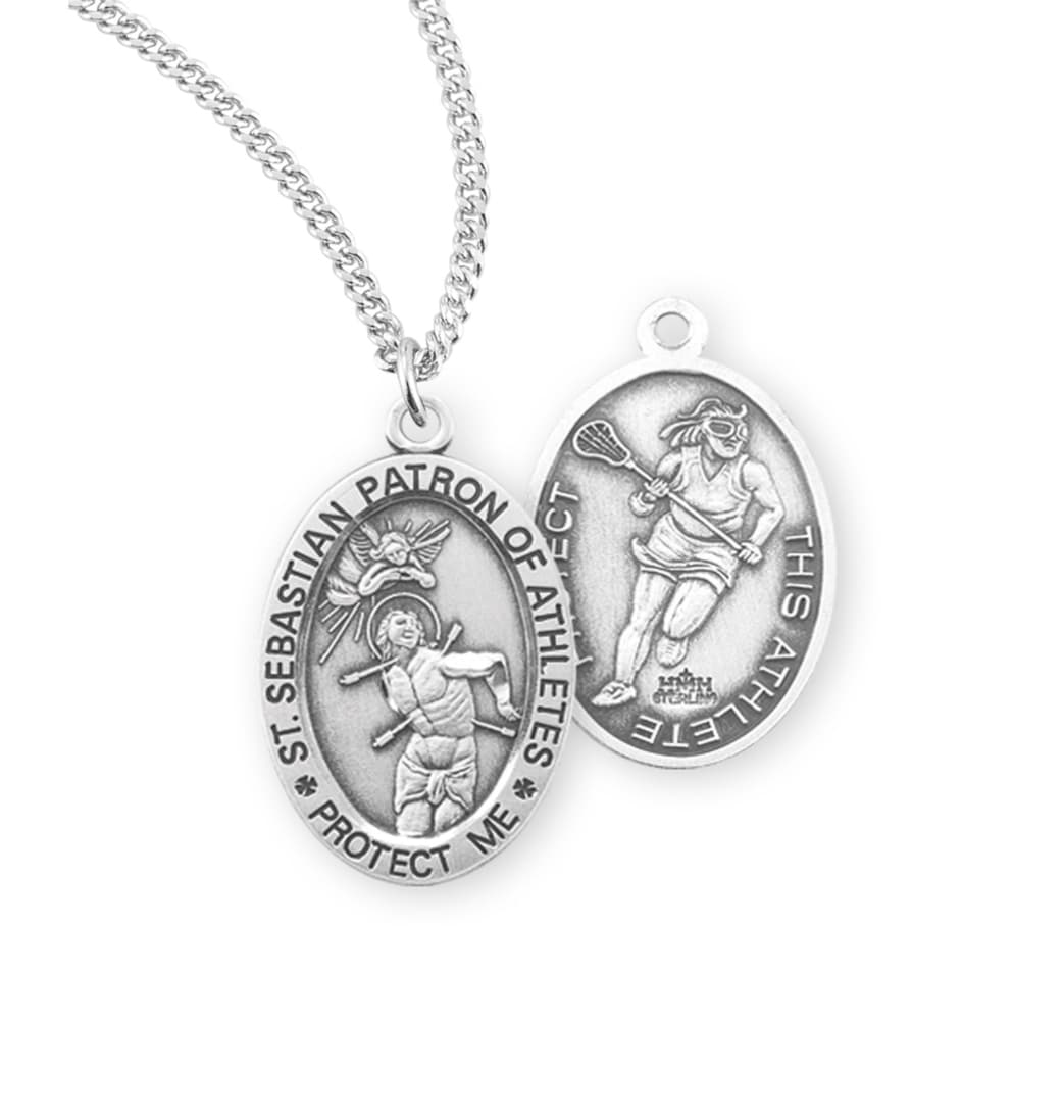 HMH Religious St Sebastian Sterling Female Lacrosse Medal Necklace,