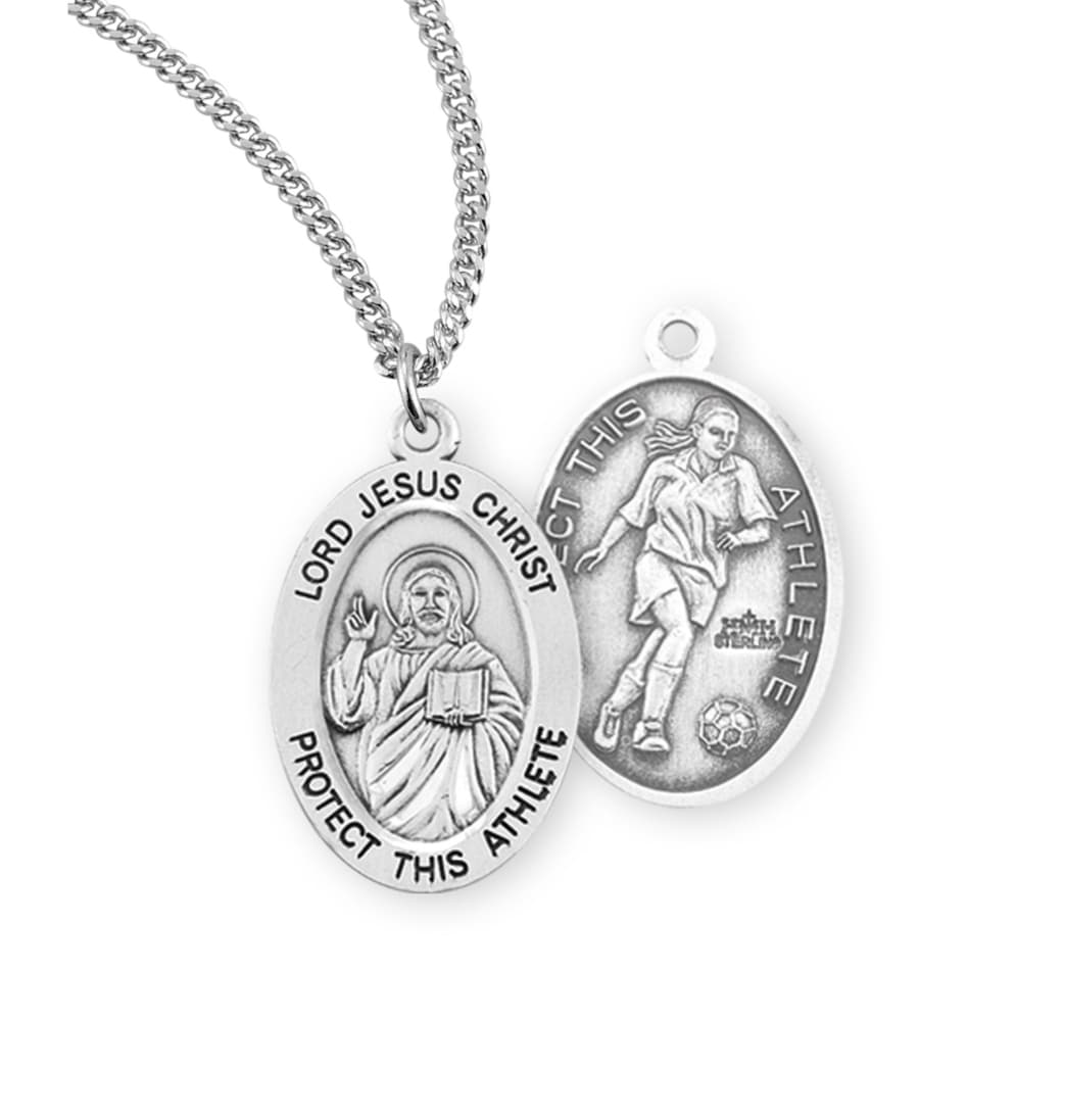 HMH Religious Lord Jesus Christ Sterling Female Soccer Medal with Chain,