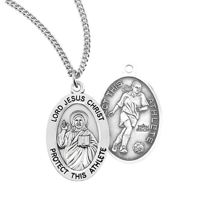 Lord Jesus Christ Sterling Female Soccer Medal with Chain, HMH Religious