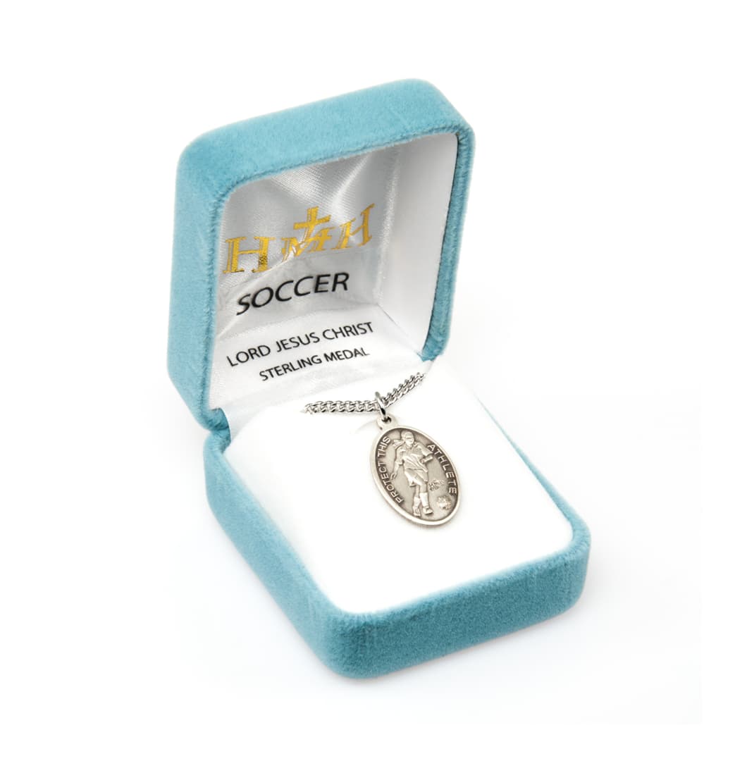 HMH Religious Lord Jesus Christ Sterling Female Soccer Medal in Box,