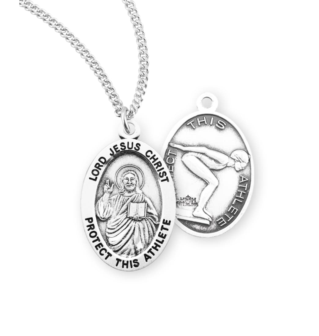 HMH Religious Lord Jesus Christ Sterling Female Swimming Medal with Chain,