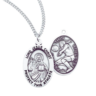Jesus Christ Girl's Volleyball Round Sterling Silver Medal Necklace with Chain, HMH Religious
