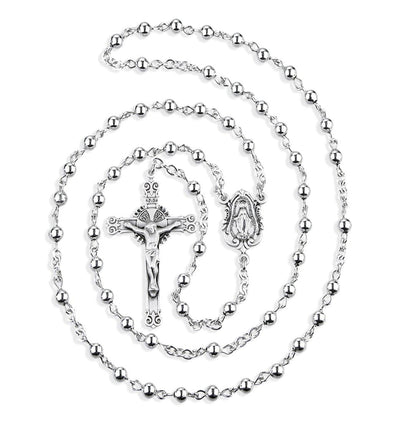 Children 4mm High Polished Round Bead Sterling Silver 5 Decade Rosary, HMH Religious
