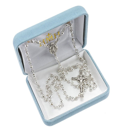 Children 4mm High Polished Round Bead Sterling Silver Rosary in Box, HMH Religious