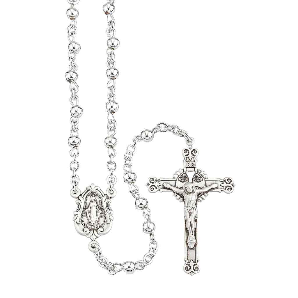Miraculous Rosary featuring high polished 4mm Sterling Silver Round Beads. Scapular Center & detailed INRI Crucifix (view 1)