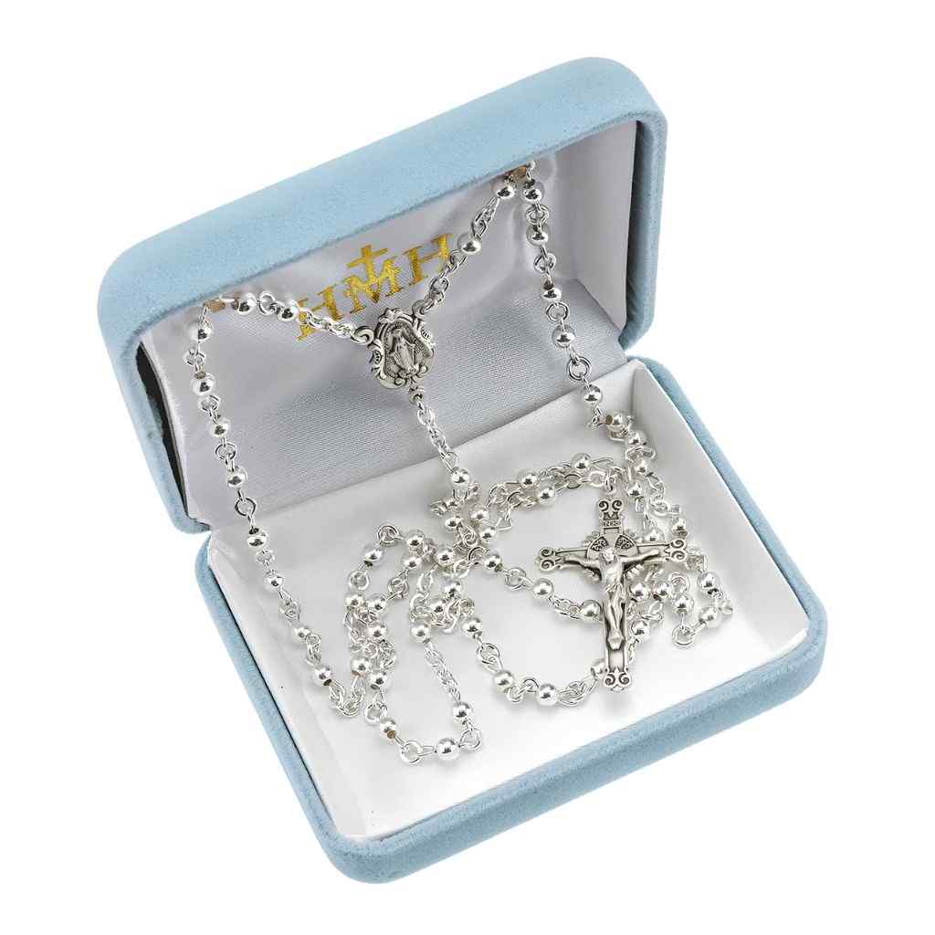 Miraculous Rosary featuring high polished 4mm Sterling Silver Round Beads. Scapular Center & detailed INRI Crucifix in gift box (view 2)