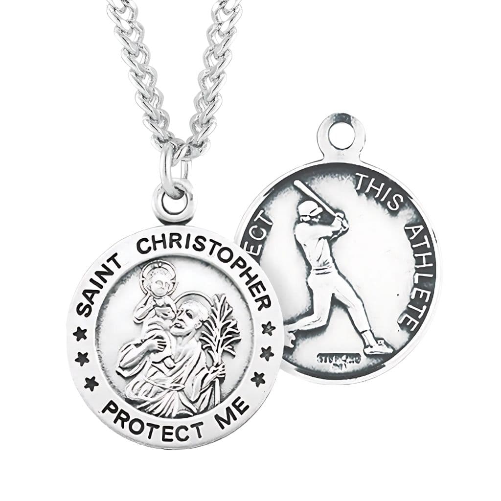 St. Christopher Baseball Round Sterling Silver Medal Necklace with Chain, Made in USA by HMH Religious,