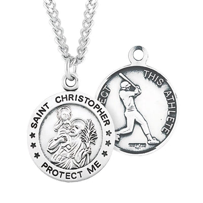 St. Christopher Baseball Round Sterling Silver Medal Necklace with Chain, HMH Religious
