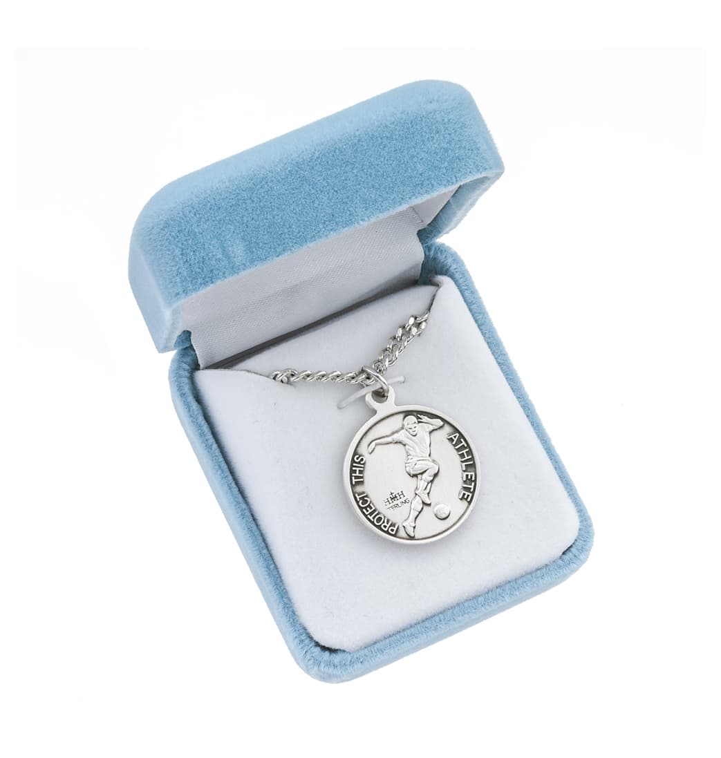 HMH Religious St Christopher Round Sterling Silver Soccer Medal,Gift Boxed,