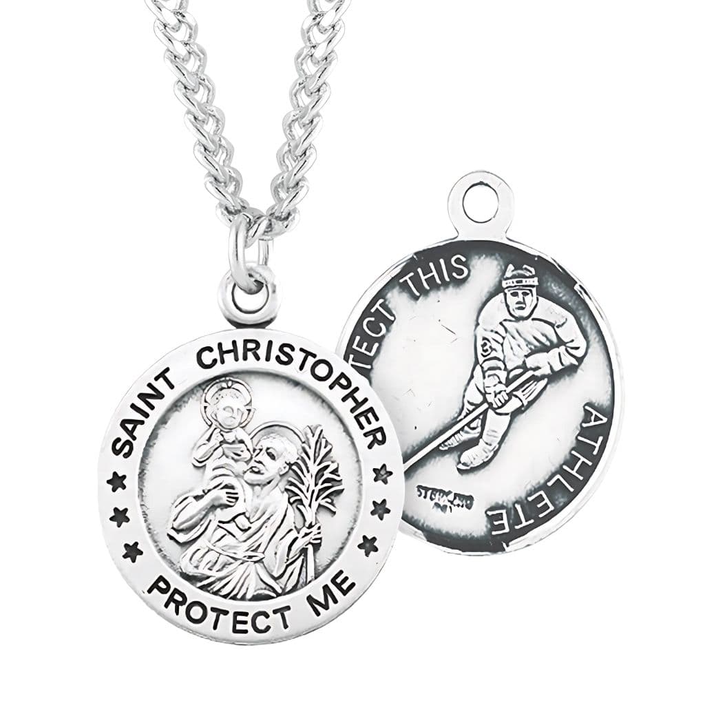St. Christopher Ice Hockey Round Sterling Silver Medal Necklace with Chain, Made in USA by HMH Religious,
