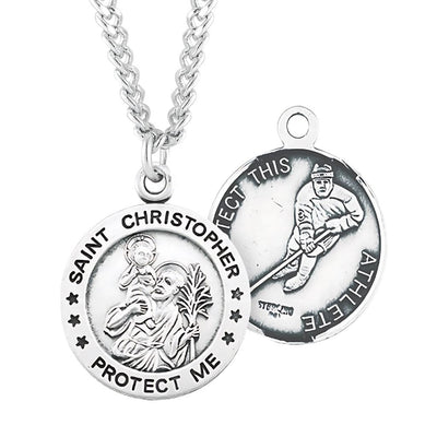 St. Christopher Ice Hockey Round Sterling Silver Medal Necklace with Chain, HMH Religious